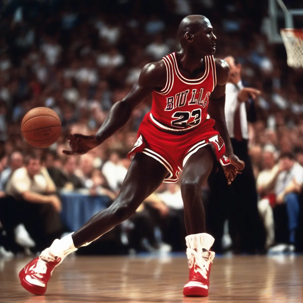 Michael Jordan wearing Air Jordan 1s during a basketball game.