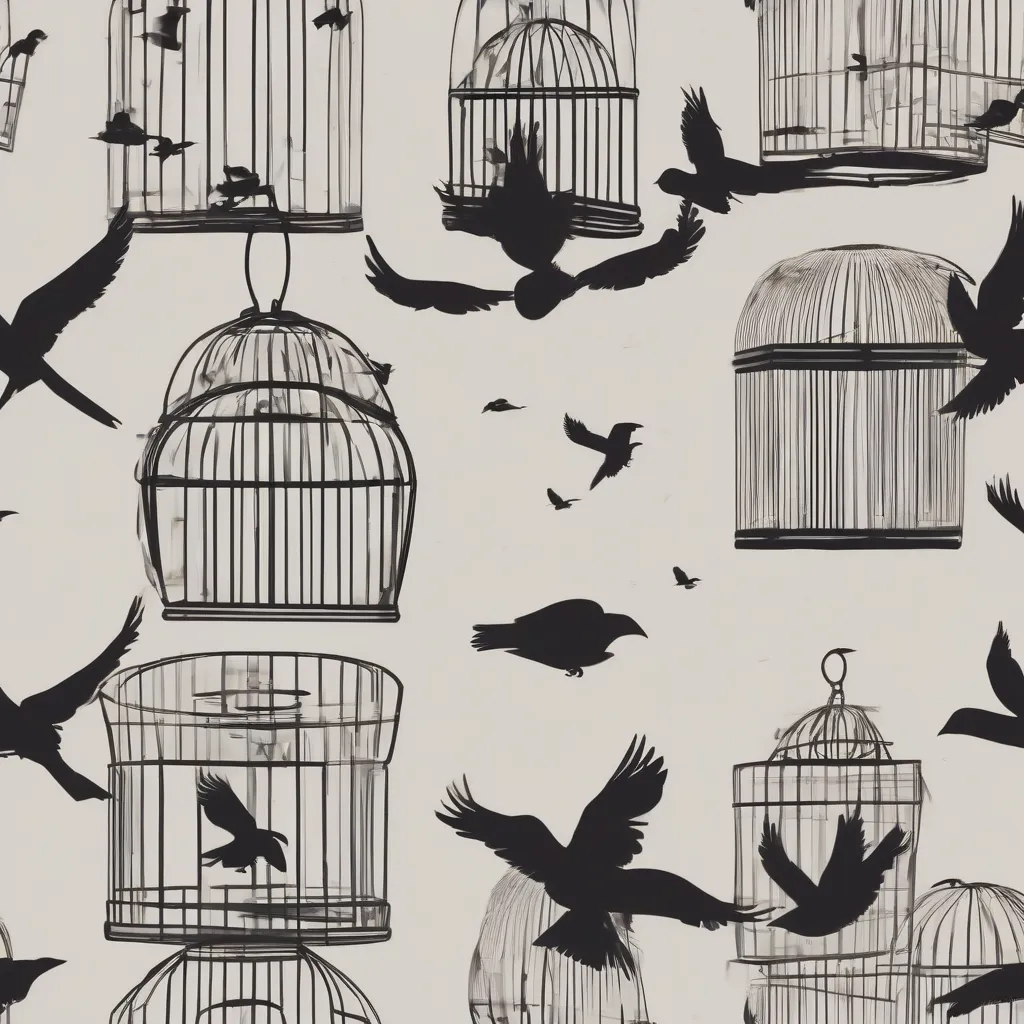 An open bird cage with birds flying freely away