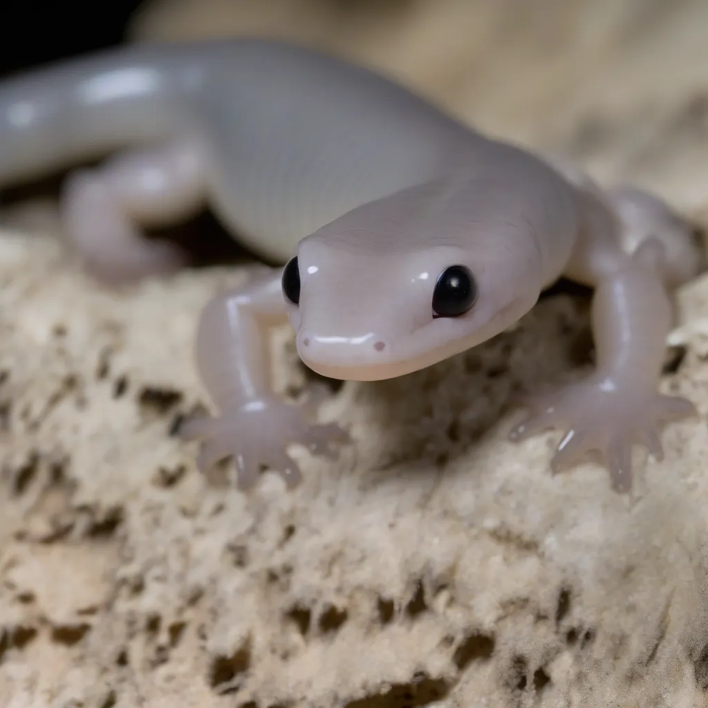 A close-up shot of a blind cave salamander, showcasing its pale skin and lack of visible eyes.