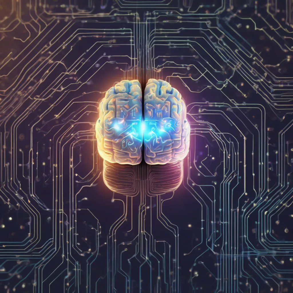 A depiction of a human brain with glowing circuits overlaid, representing the fusion of human and artificial intelligence.