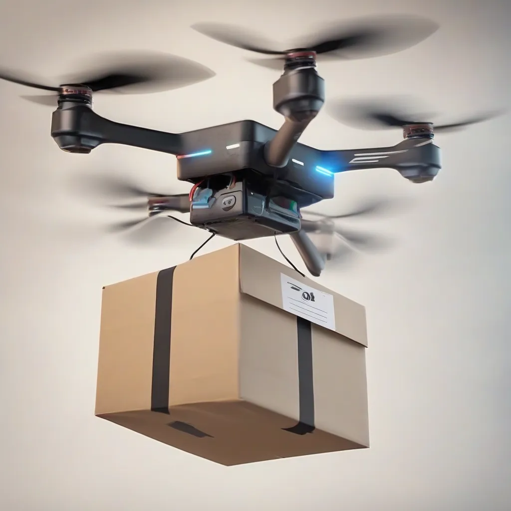 A delivery drone hovering mid-air with a small package attached.