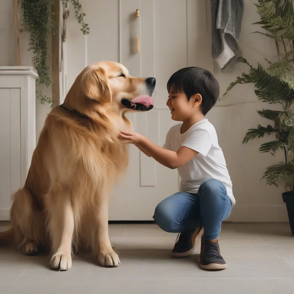 A young child lovingly petting a golden retriever.