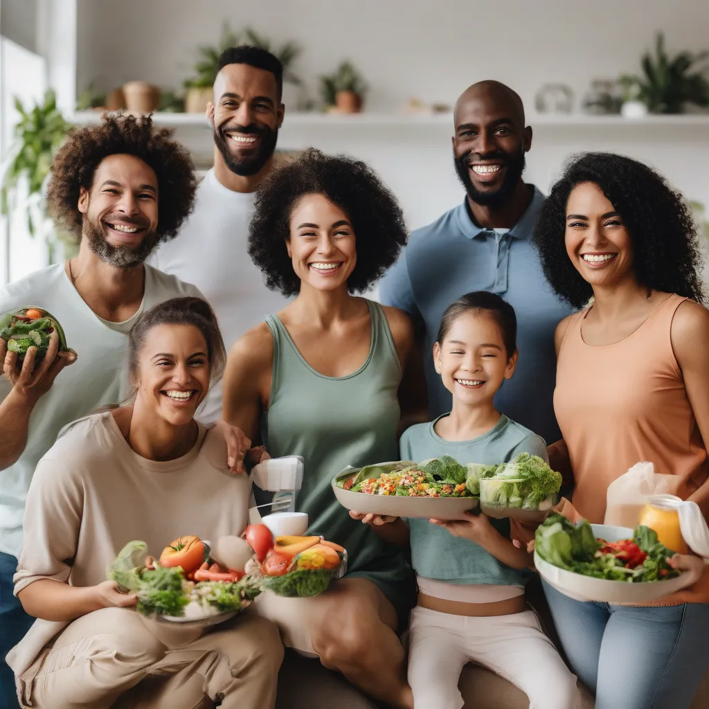 A diverse group of people smiling and holding healthy meals, representing the different needs of personalized nutrition.