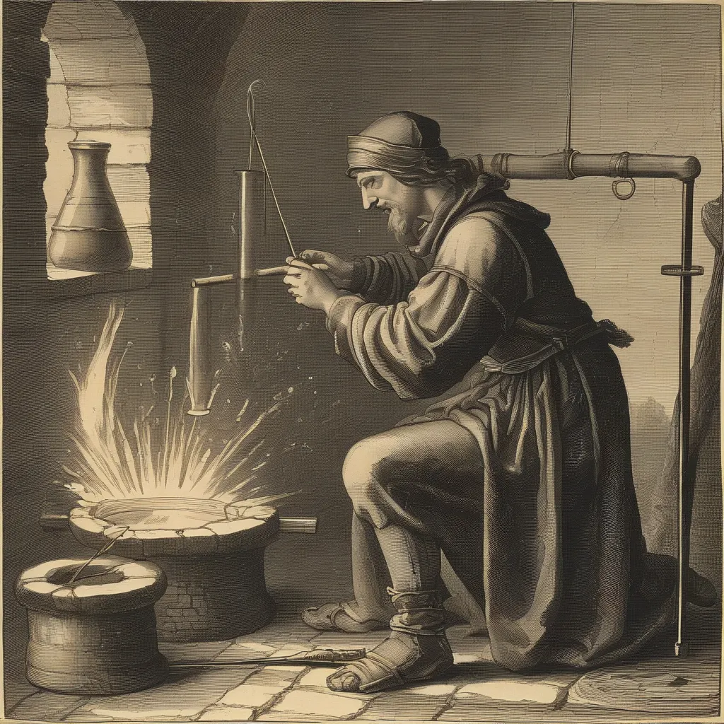 A medieval glassblower using a blowpipe to shape molten glass.