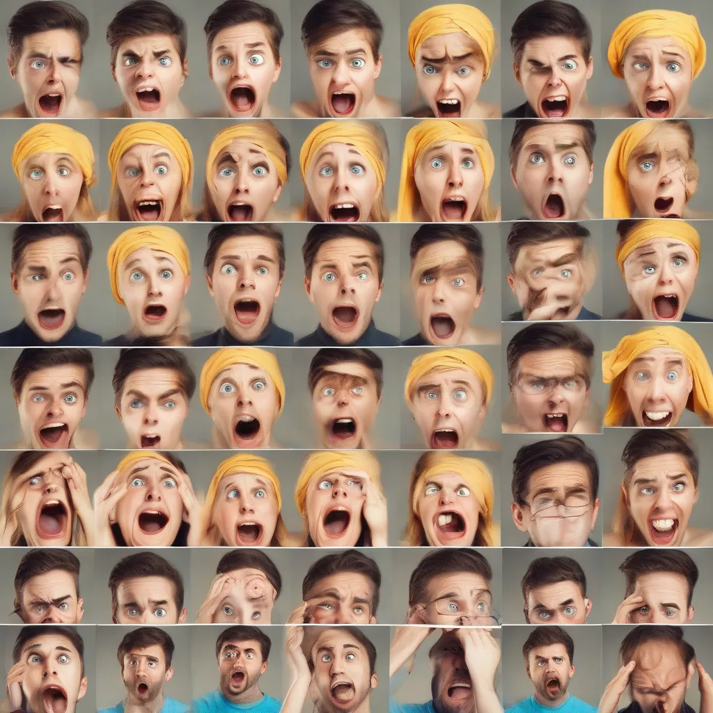 A collage showing facial expressions of the six basic emotions: happiness, sadness, anger, fear, surprise, and disgust.