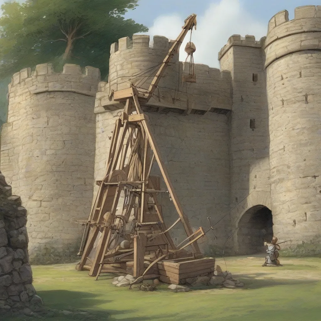 Trebuchet launching a large rock at a castle wall.