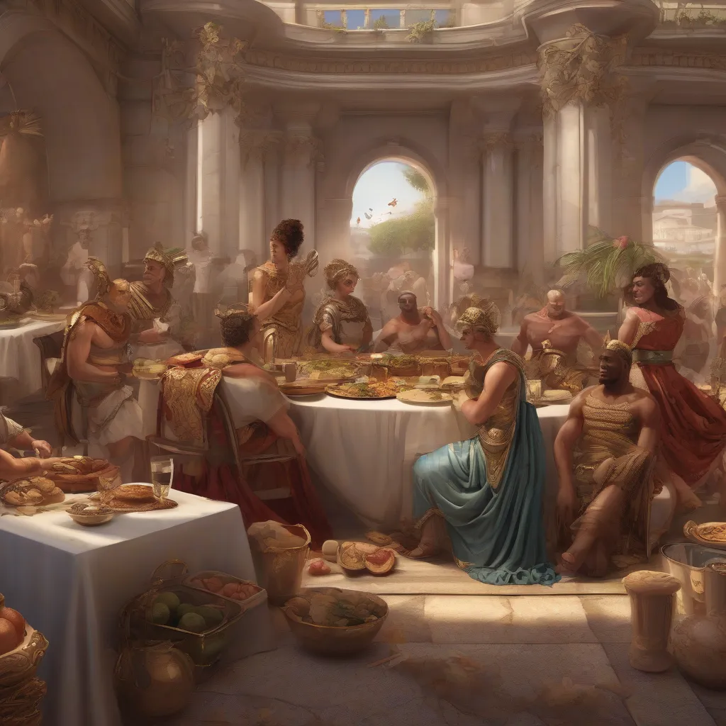 A digital art depiction of a Roman banquet, showcasing reclining guests, slaves serving food, and opulent decorations.