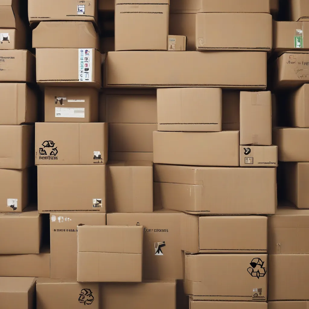 A stack of cardboard boxes, some marked with recycling symbols.