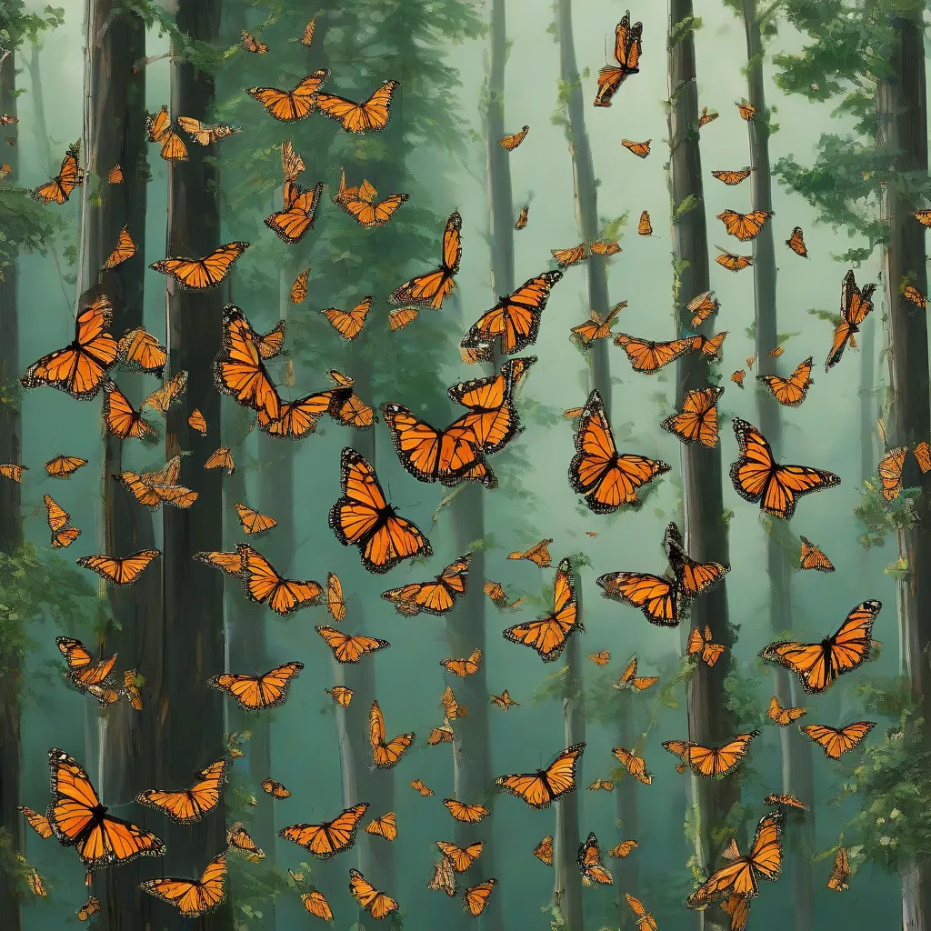 A flock of monarch butterflies migrating through a forest.