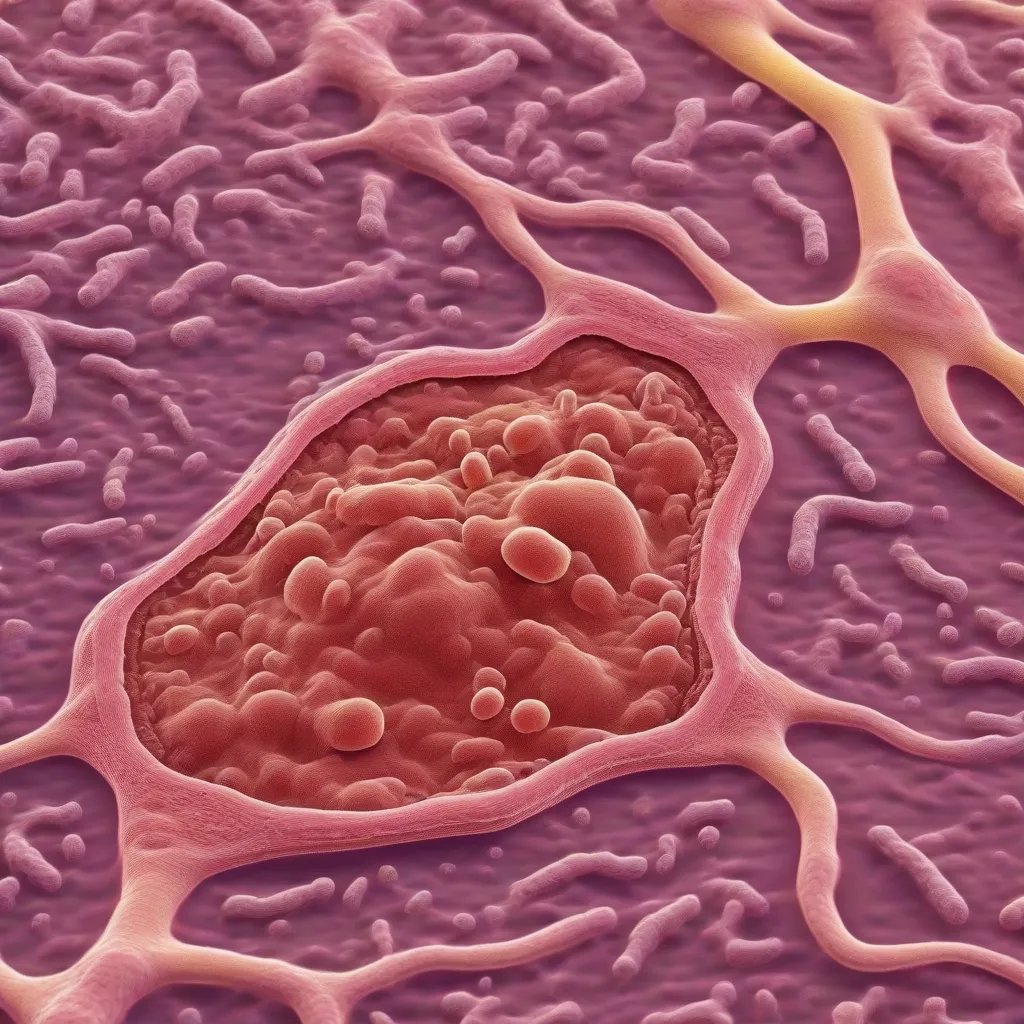 Microscopic view of sweat glands and bacteria on human skin.