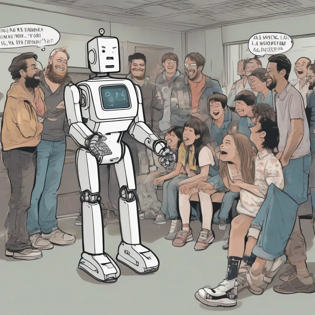 A robot telling a joke to a group of people, some laughing, some looking confused.