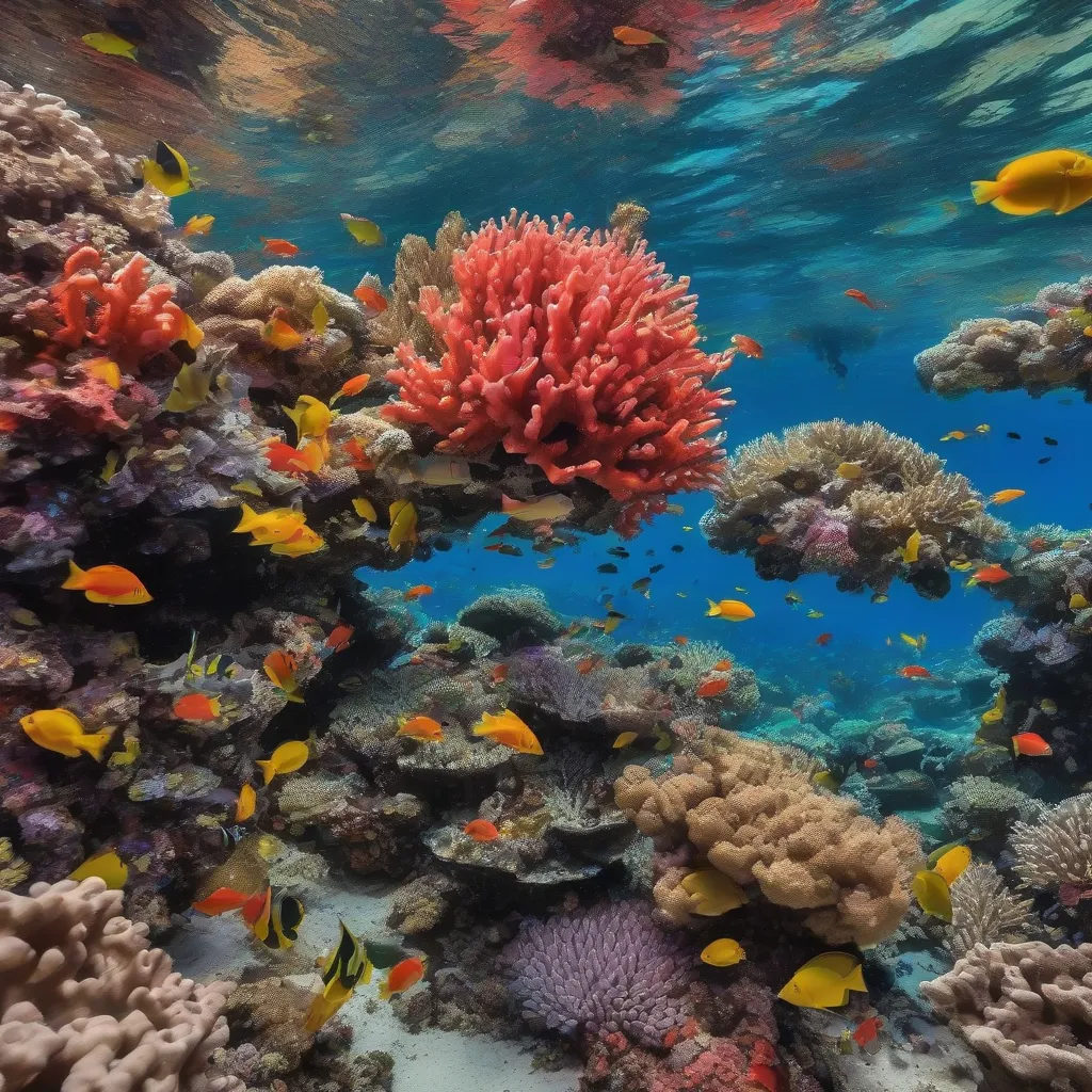 A vibrant coral garden teeming with colorful fish.