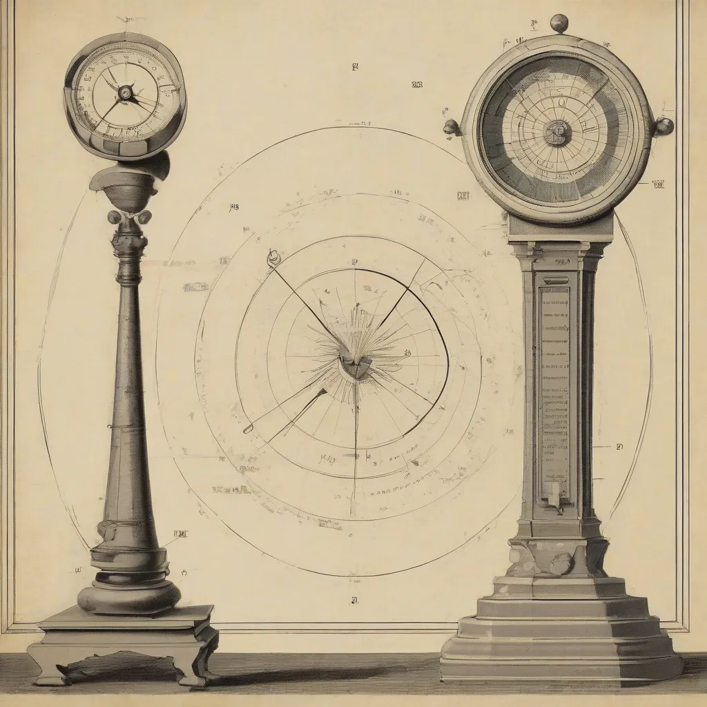 An illustration comparing an ancient sundial with a modern atomic clock, highlighting the contrasting technologies.