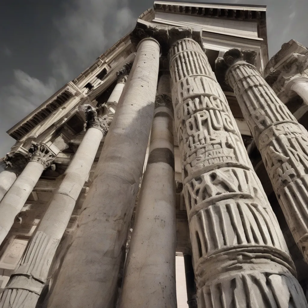 Photograph of the Trajan Column in Rome, highlighting the Roman square capitals used in the inscription.