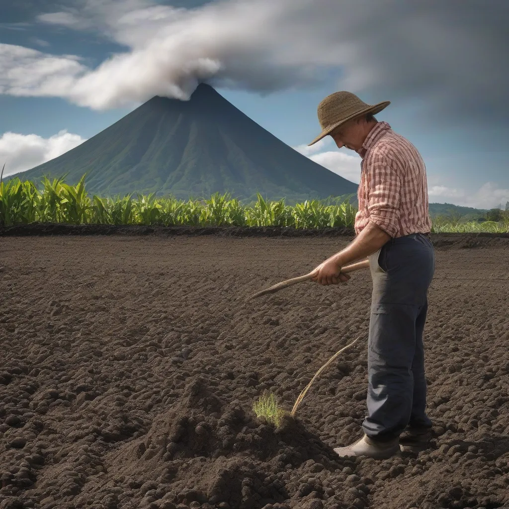 A farmer examining soil in a field with a volcano in the background.