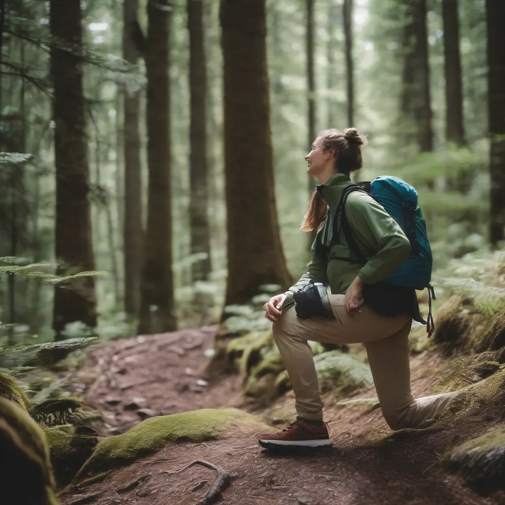 A traveler using a reusable water bottle while hiking in a forest.