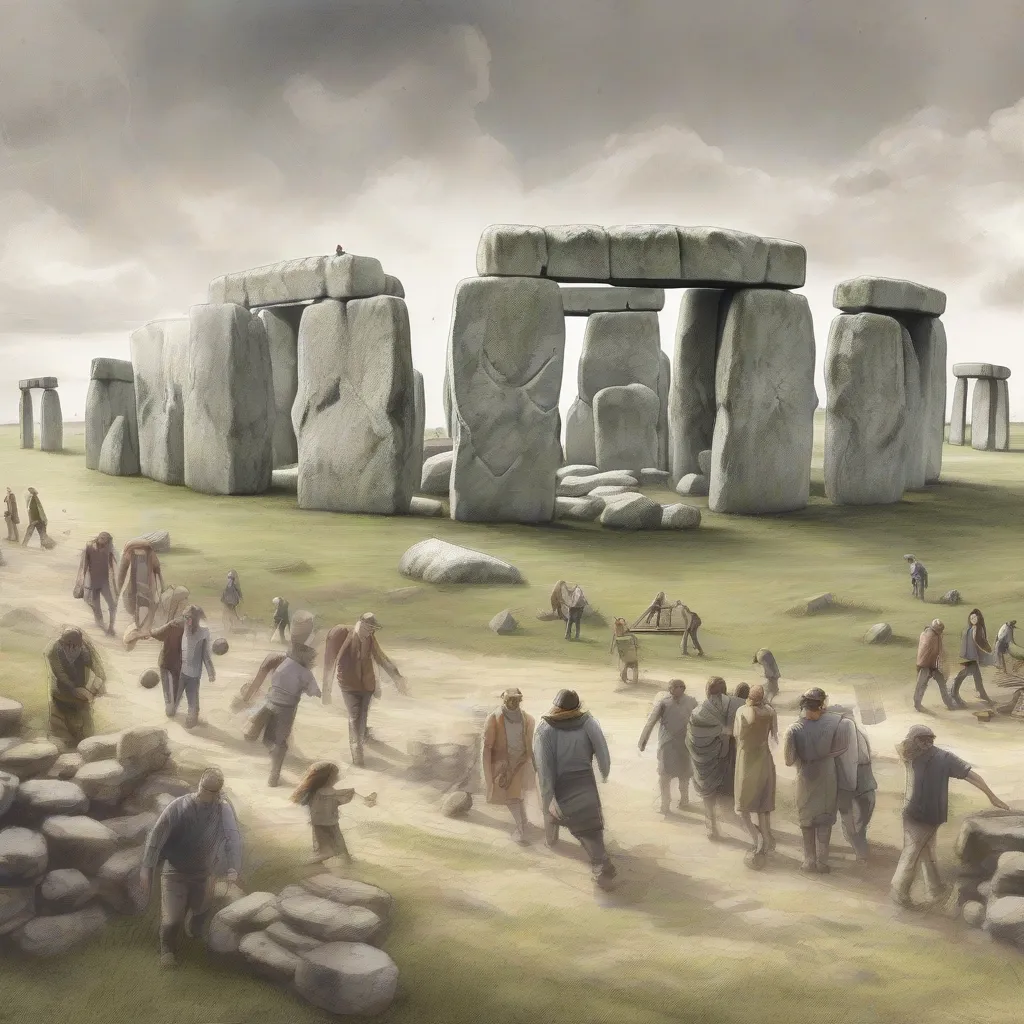 Artistic rendering of Stonehenge during its construction, showing people moving stones.