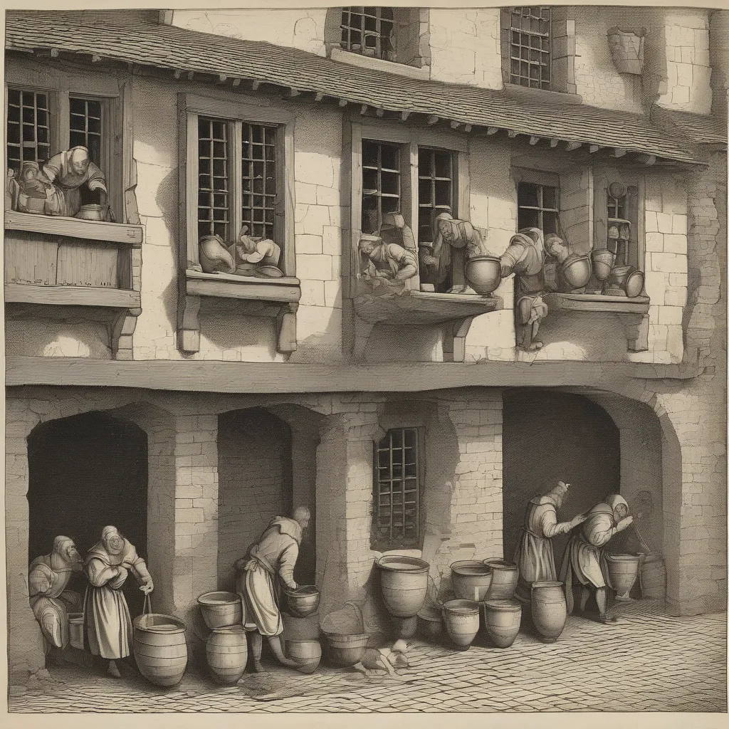 Illustration of a medieval street scene with people emptying chamber pots out of windows.
