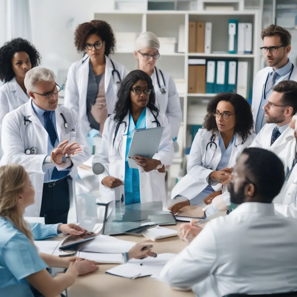 A diverse group of healthcare professionals discussing an ethical dilemma.