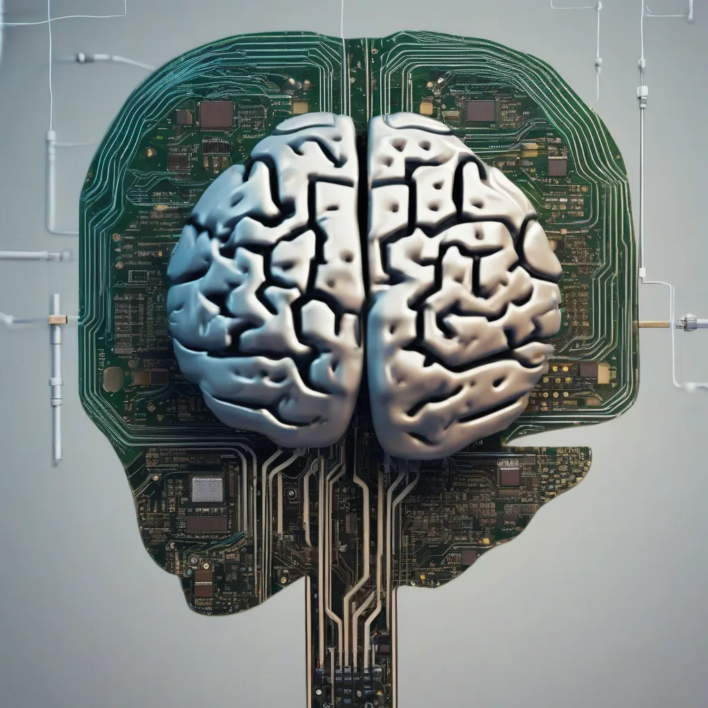 A conceptual image of a brain connected to a circuit board, representing the merging of human and artificial intelligence.