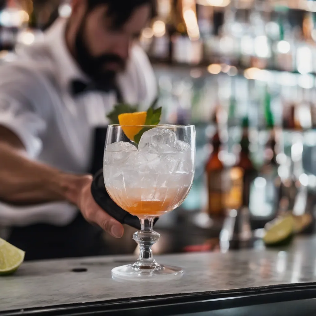 Close-up of a bartender stirring a cocktail in a mixing glass with ice.