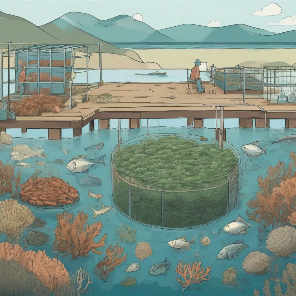 Illustration of a diverse ocean farm with seaweed, shellfish, and finfish.