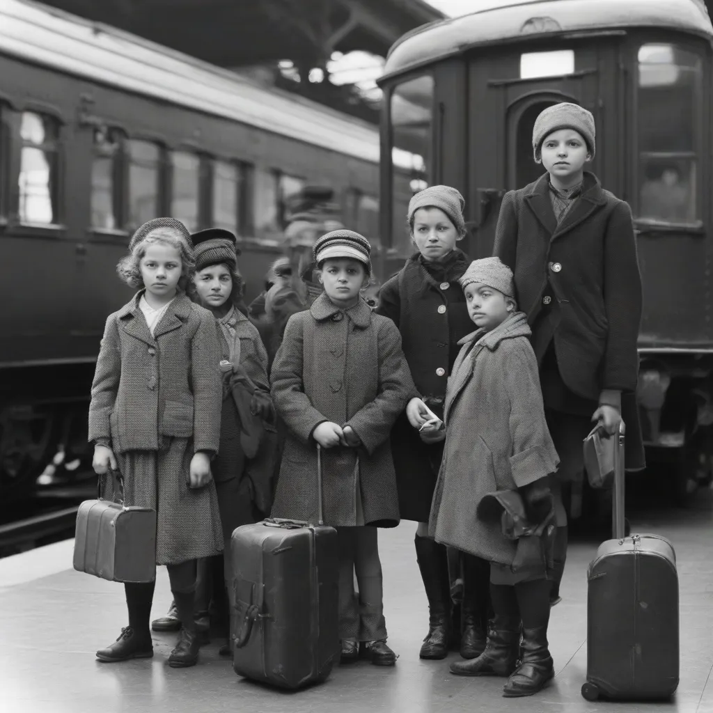 A group of children standing with luggage in a train station, waiting to depart on the Kindertransport.