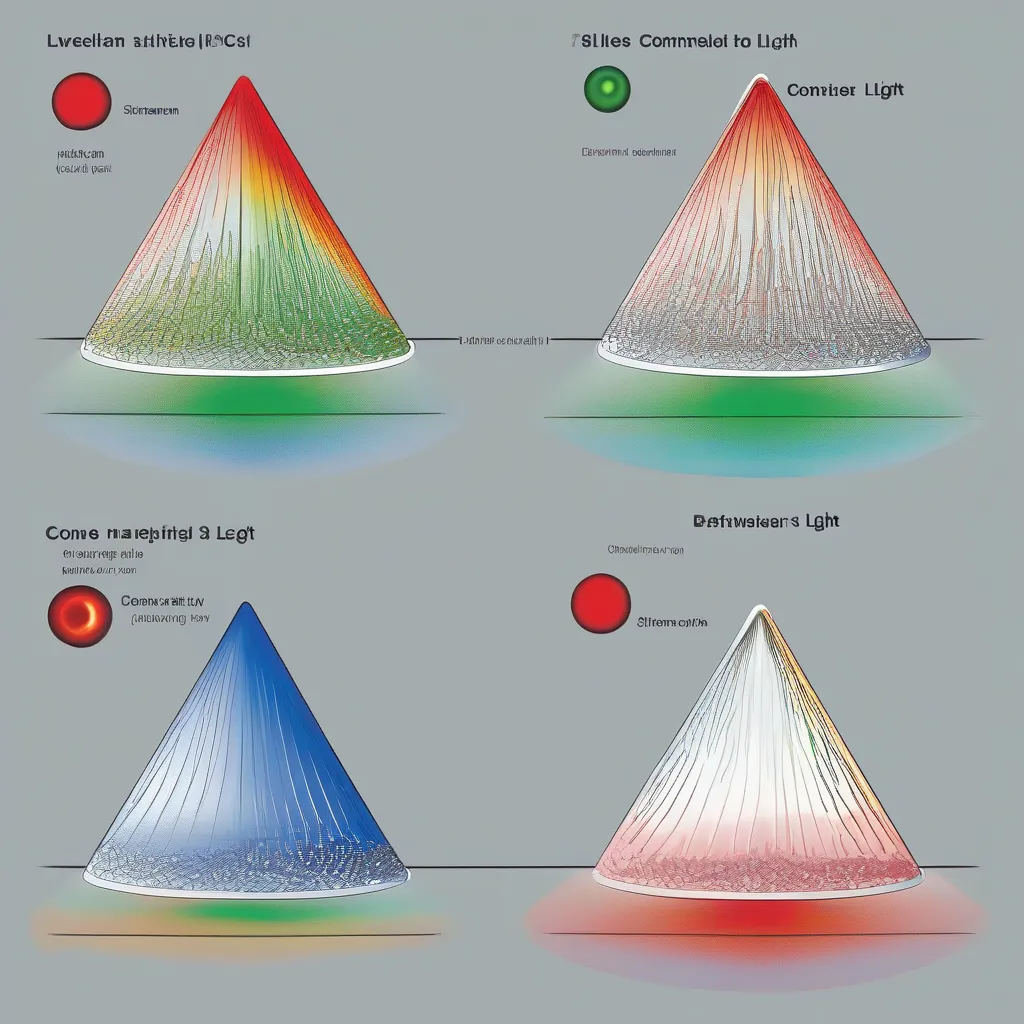 A diagram illustrating the three types of cone cells in the human eye and their sensitivity to different wavelengths of light (red, green, and blue).