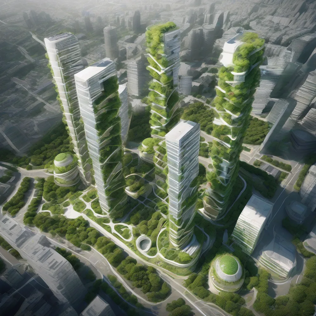 Rendering of a futuristic vertical city with interconnected towers and green spaces.