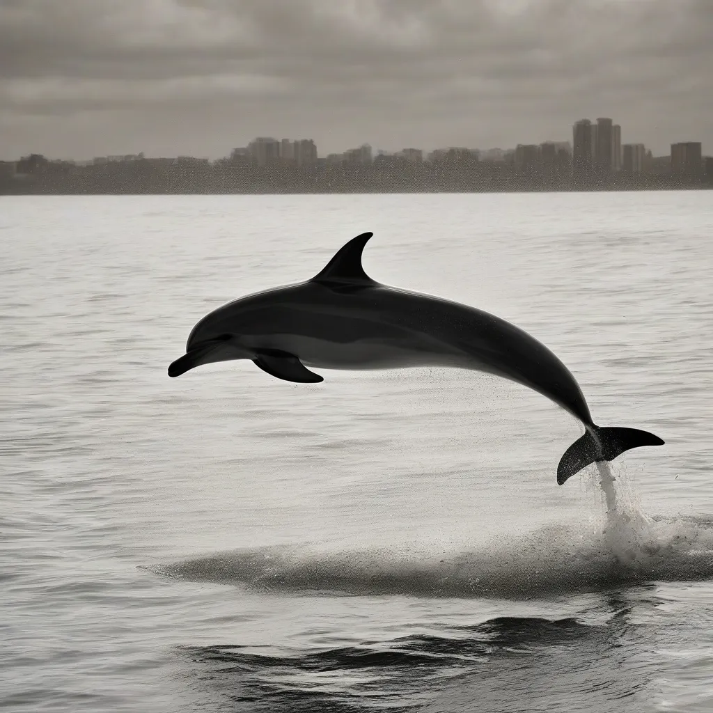 A dolphin leaping out of the water, with other dolphins visible in the background
