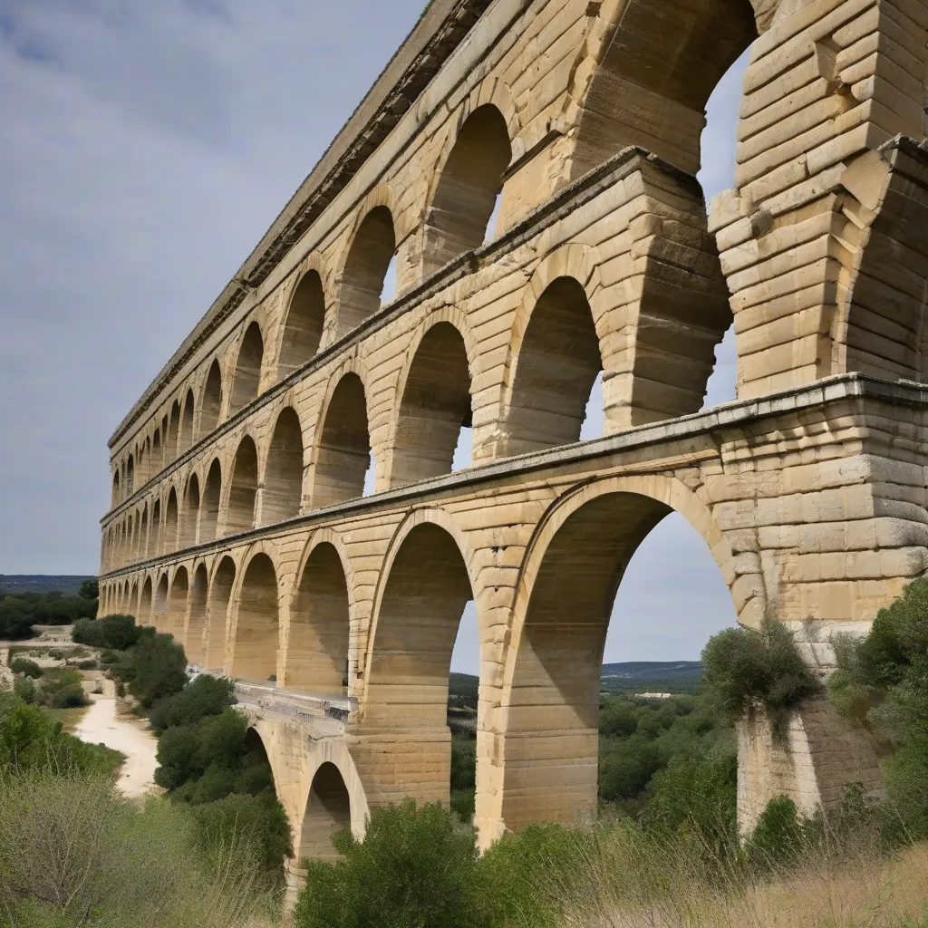 A section of the Pont du Gard aqueduct in France, showing its impressive three-tiered arches.