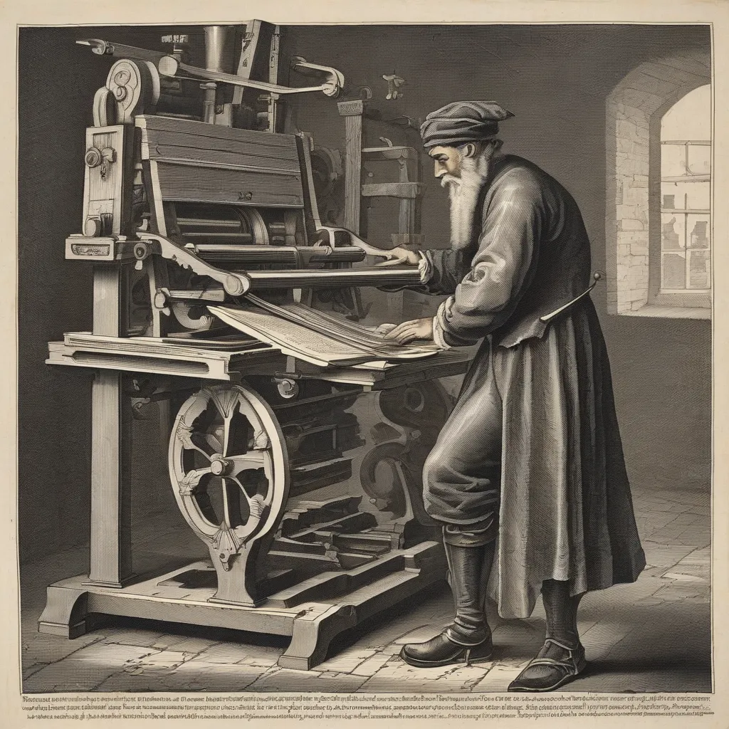 Johannes Gutenberg operating the printing press