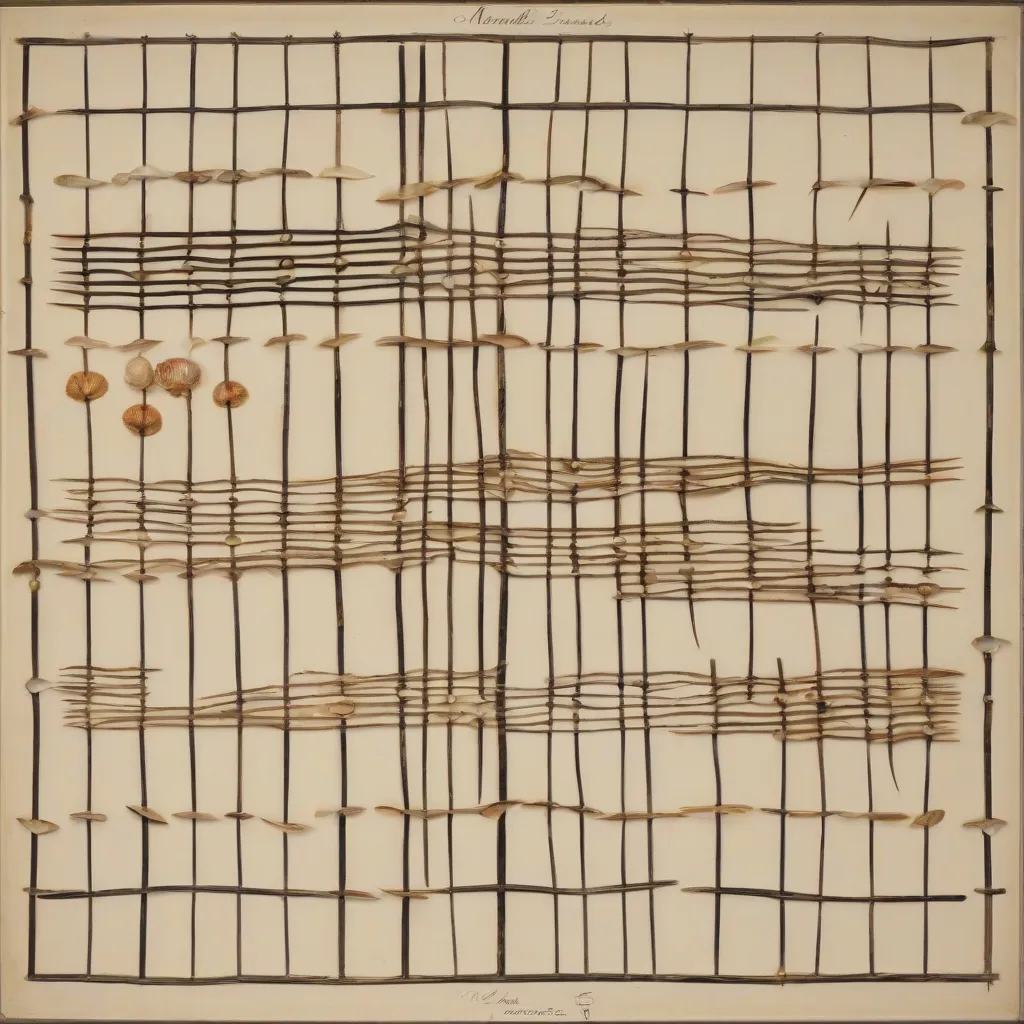 A Marshall Islands stick chart, a lattice of sticks and shells showing wave patterns.