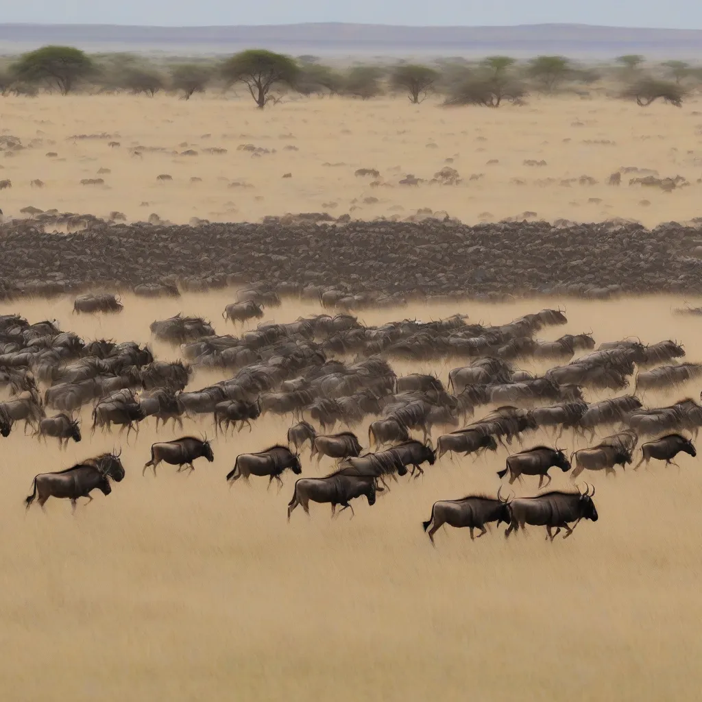 A large herd of wildebeest migrating across a grassy plain.