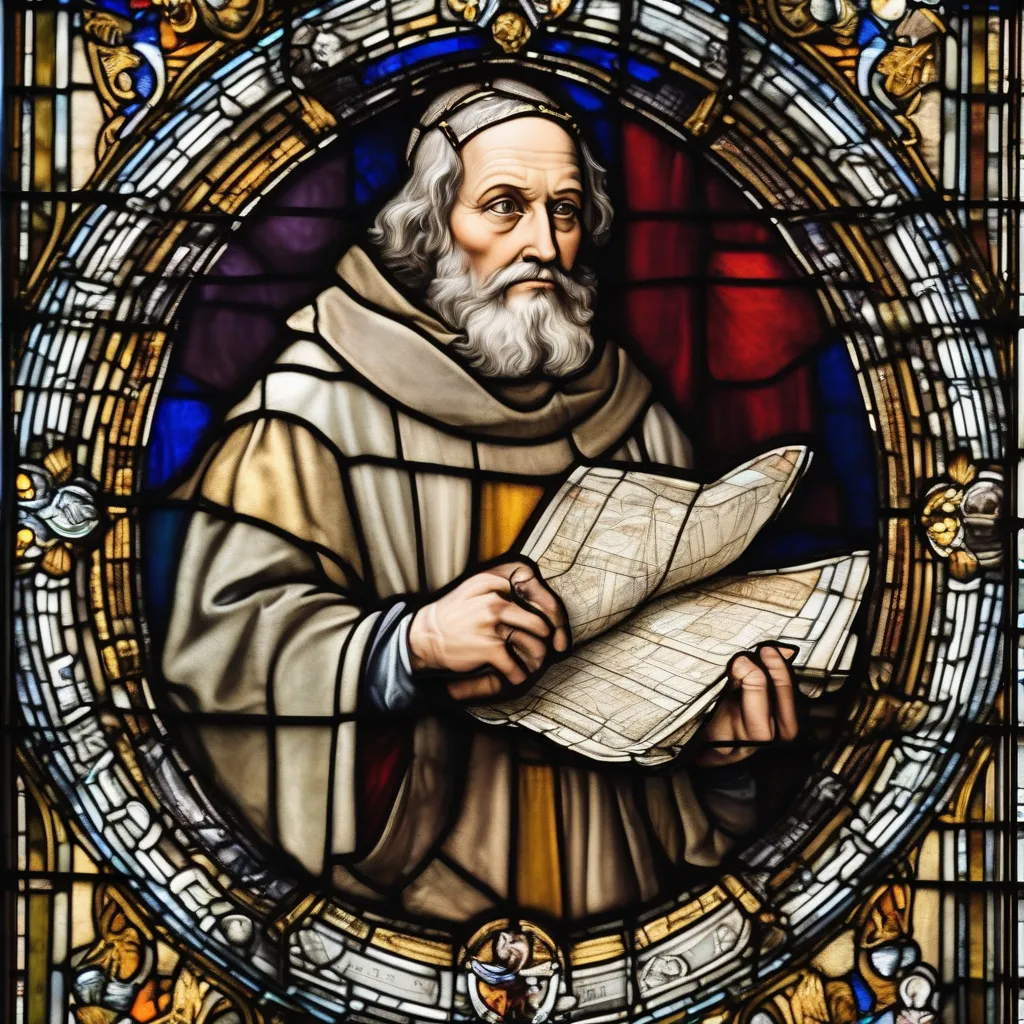 A stained glass window depicting a medieval architect holding a blueprint.