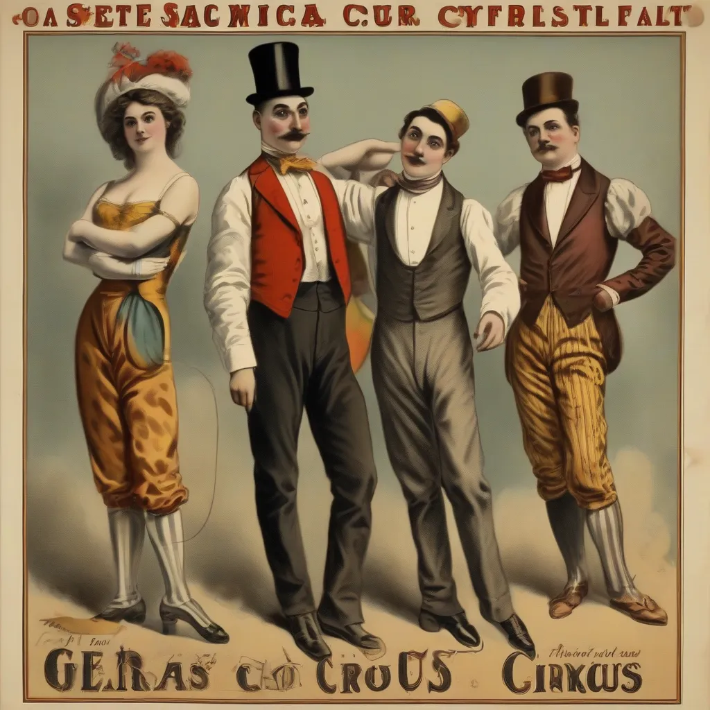 A vintage poster showcasing early circus performers in relatively simple, functional attire.