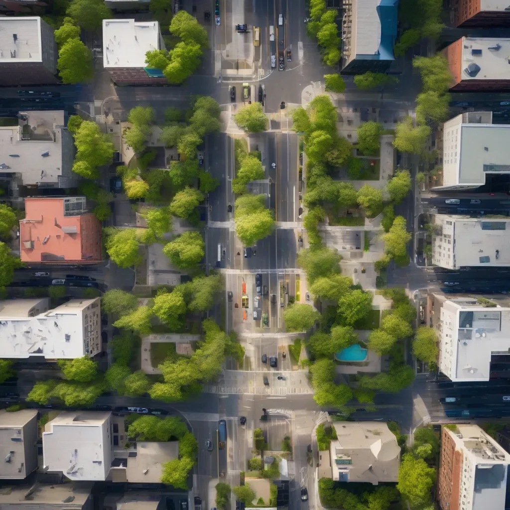 Aerial view of a dense, mixed-use urban neighborhood with walkable streets and green spaces