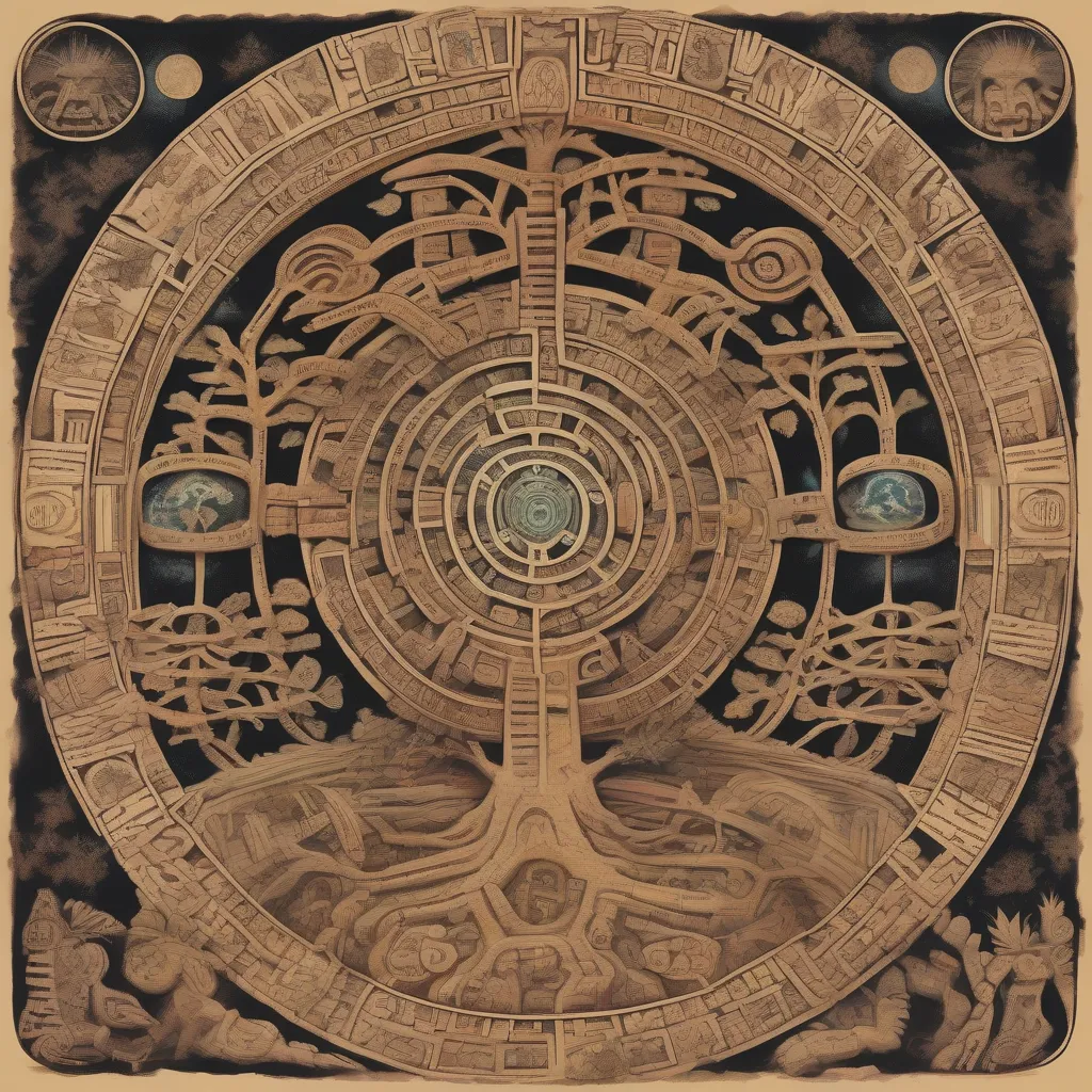 Artistic representation of the Mayan World Tree connecting the Underworld, Earth, and Heavens