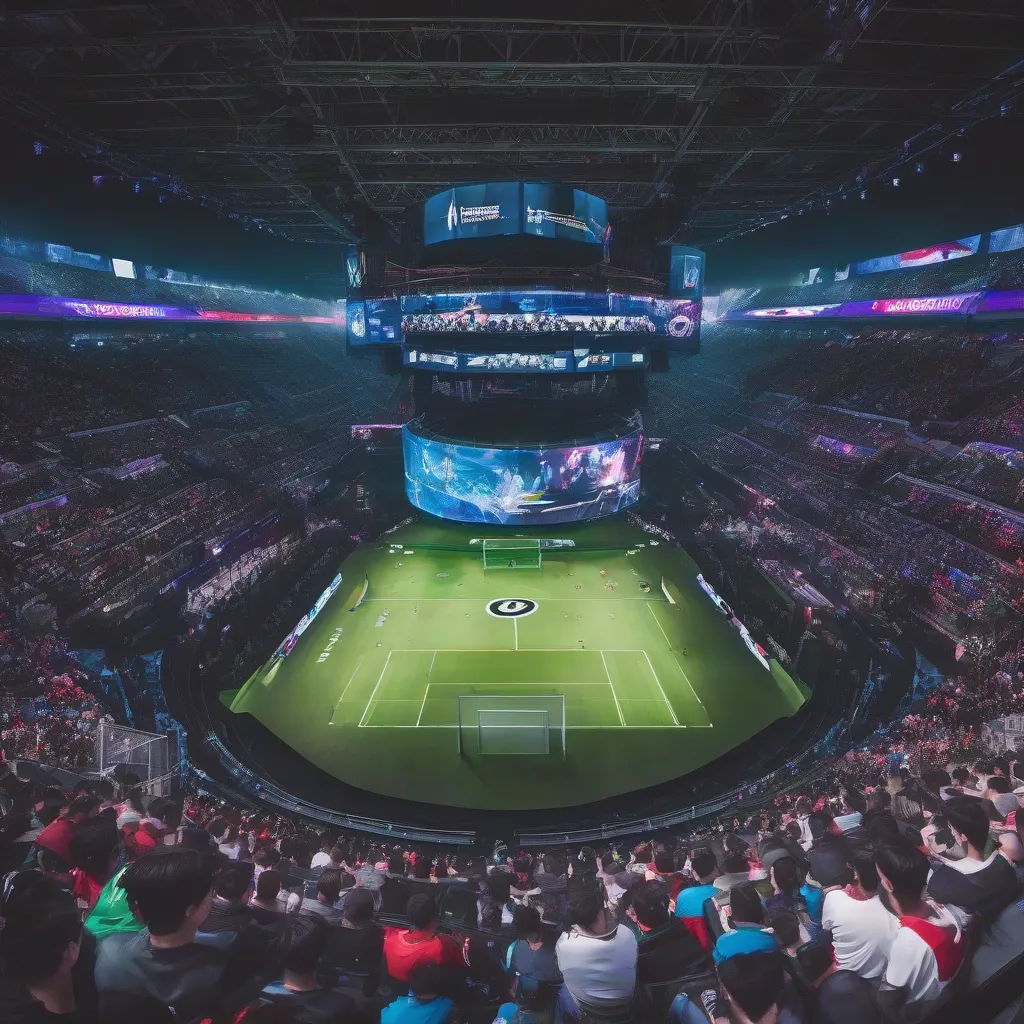 A packed stadium with spectators watching an e-sports tournament on a large screen.