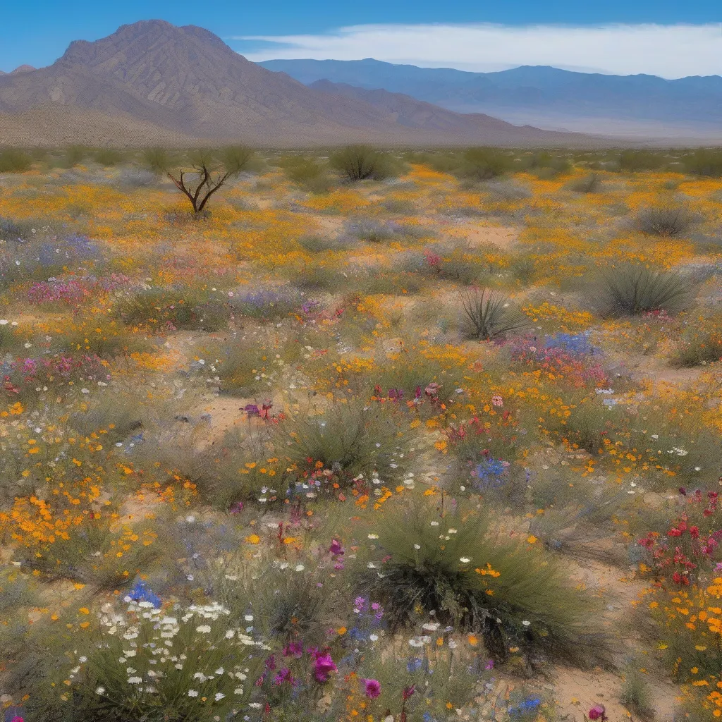 A vibrant desert superbloom featuring a dense carpet of various wildflowers in full blossom across a vast arid landscape.