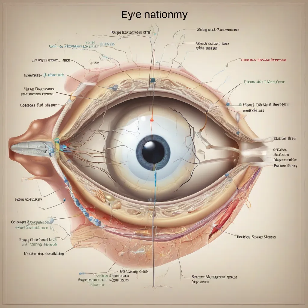 Eye anatomy diagram showing cornea, lens, retina, rods, cones, and optic nerve.