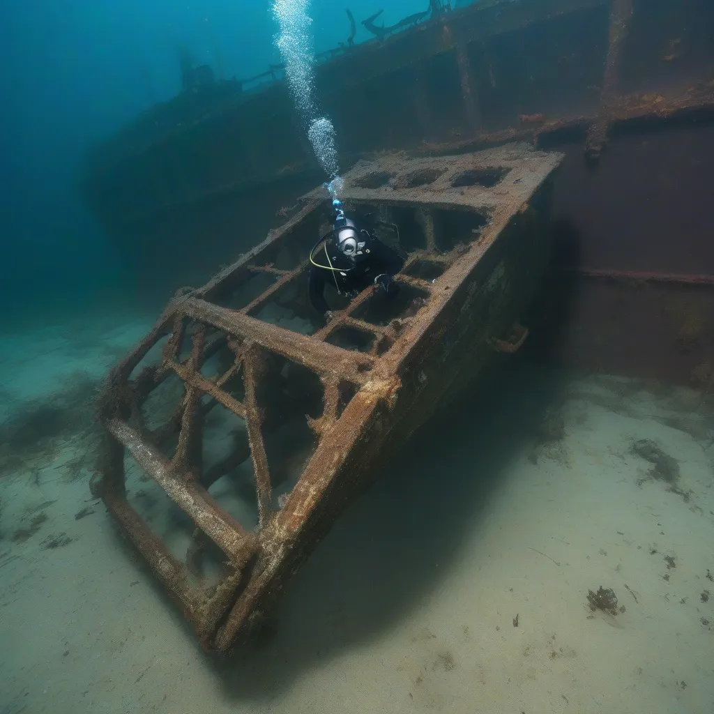 A diver exploring the stern of a shipwreck