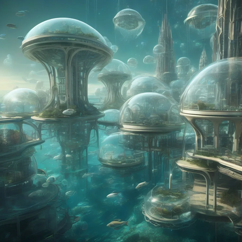 A futuristic rendering of an underwater city with transparent domes and various interconnected structures.
