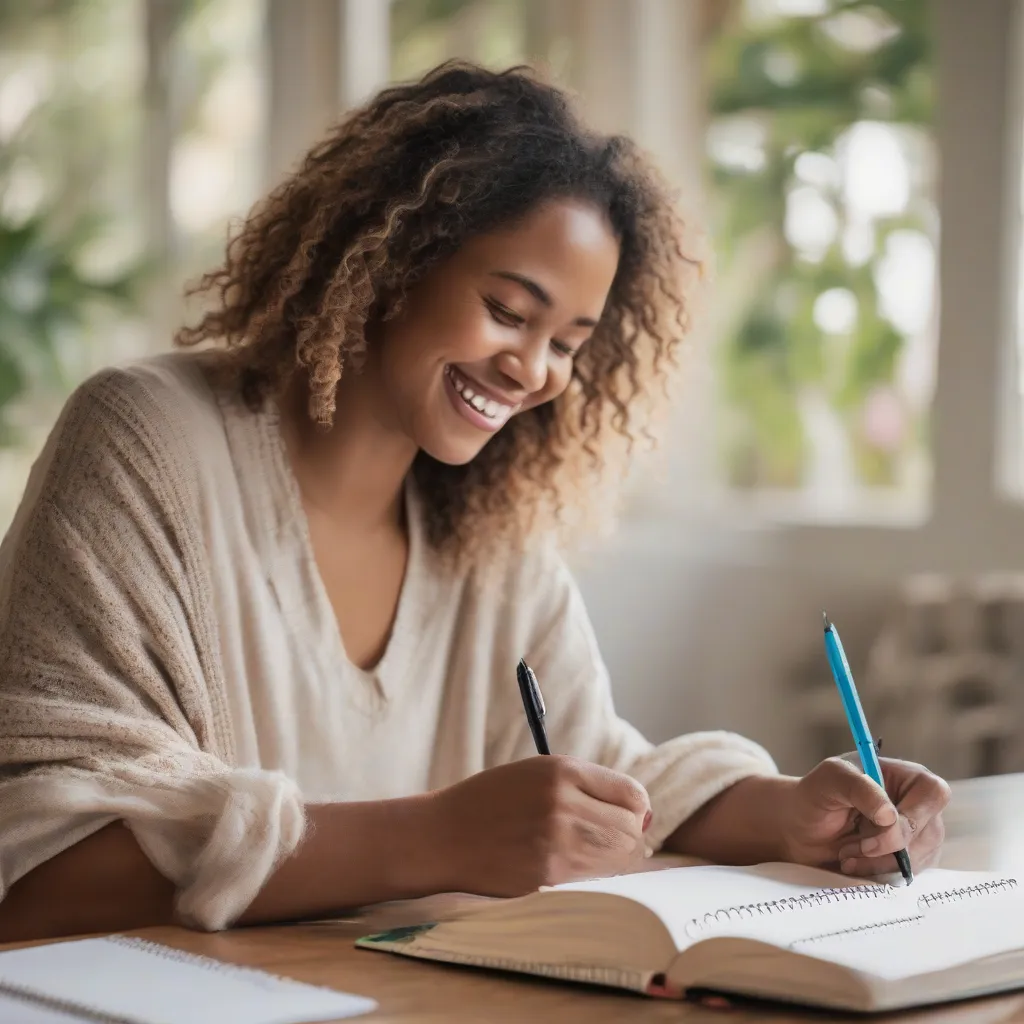 A person writing in a gratitude journal with a smile