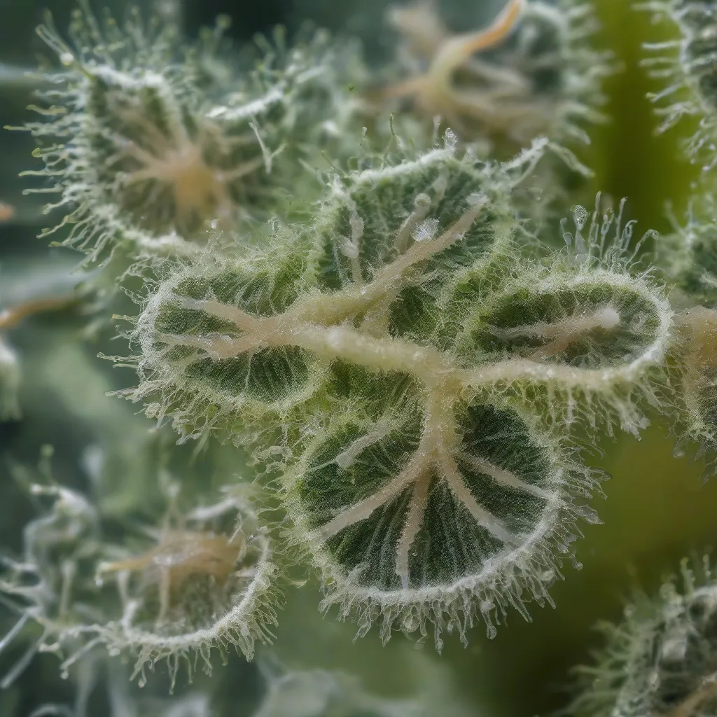 Close-up photo of trichomes on a plant leaf.