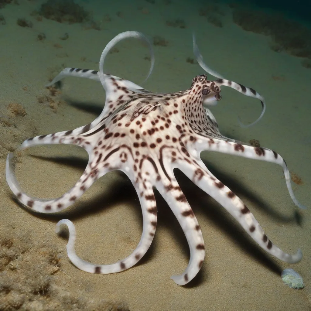 A mimic octopus imitating a flatfish by flattening its body and swimming along the seabed.