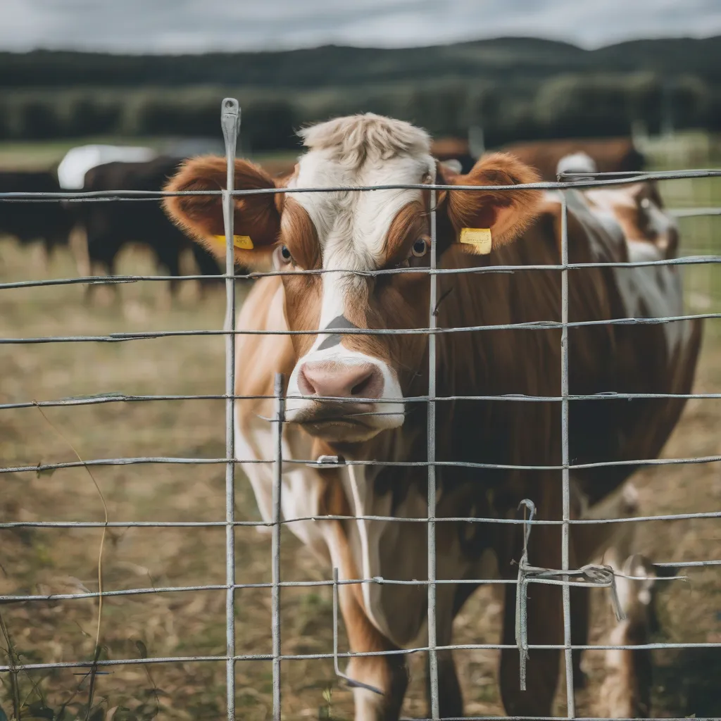 A sad looking cow behind a fence in a farm.