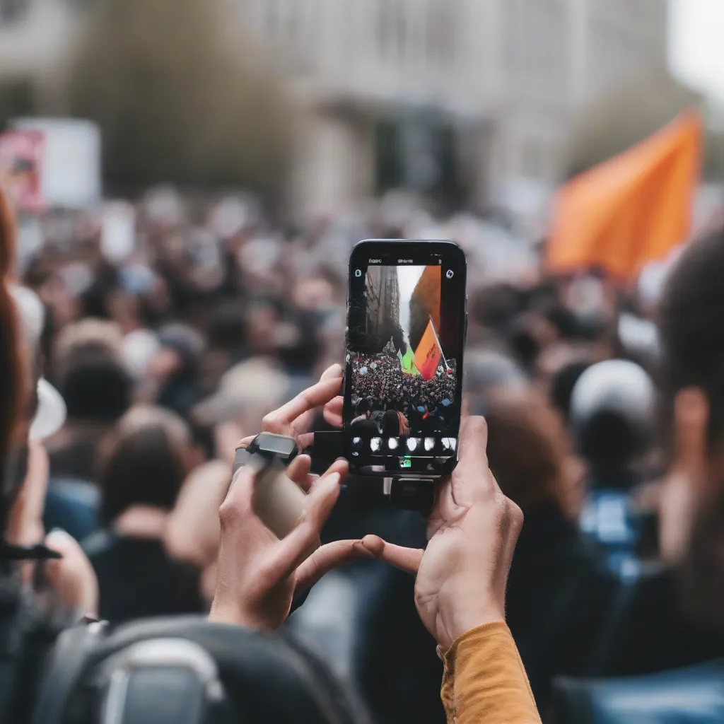 A person holding a smartphone and recording video at a protest.