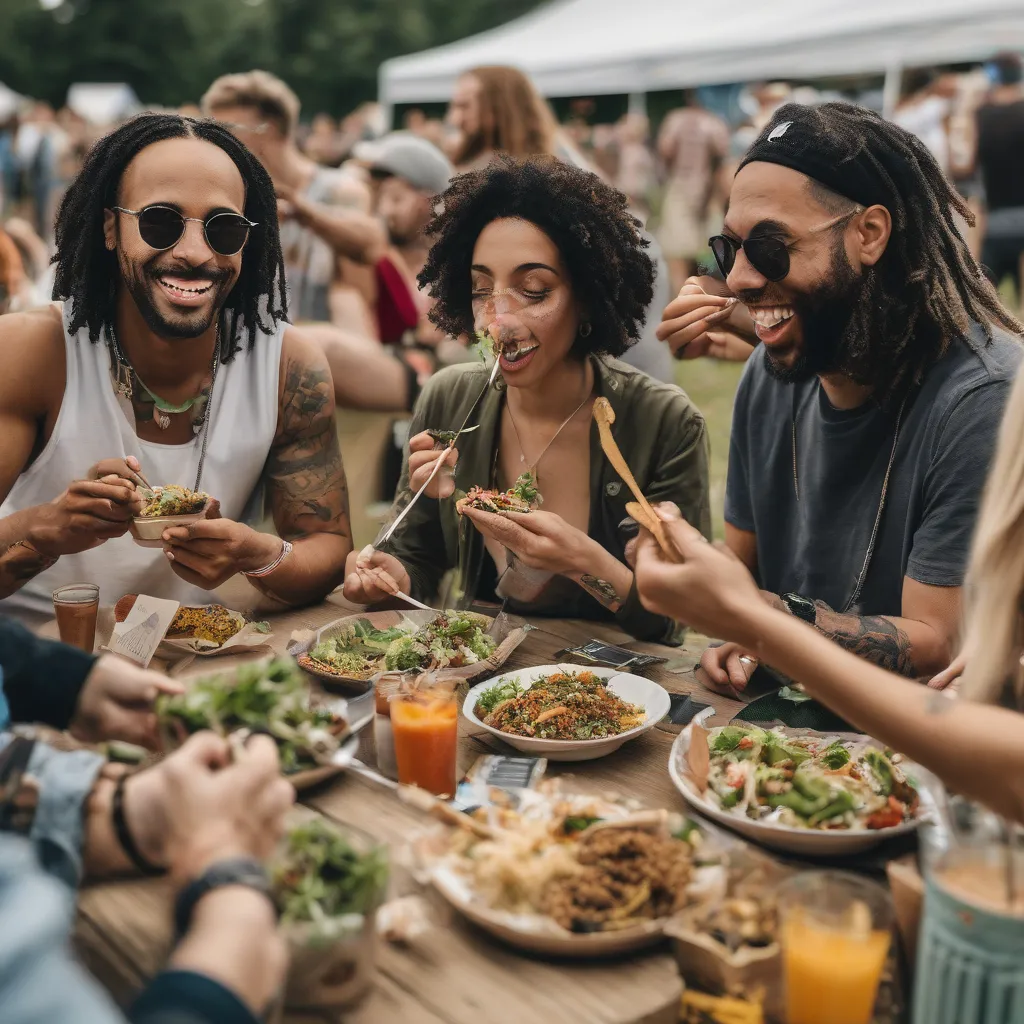 A diverse group of people are shown eating vegan food outdoors at a festival.