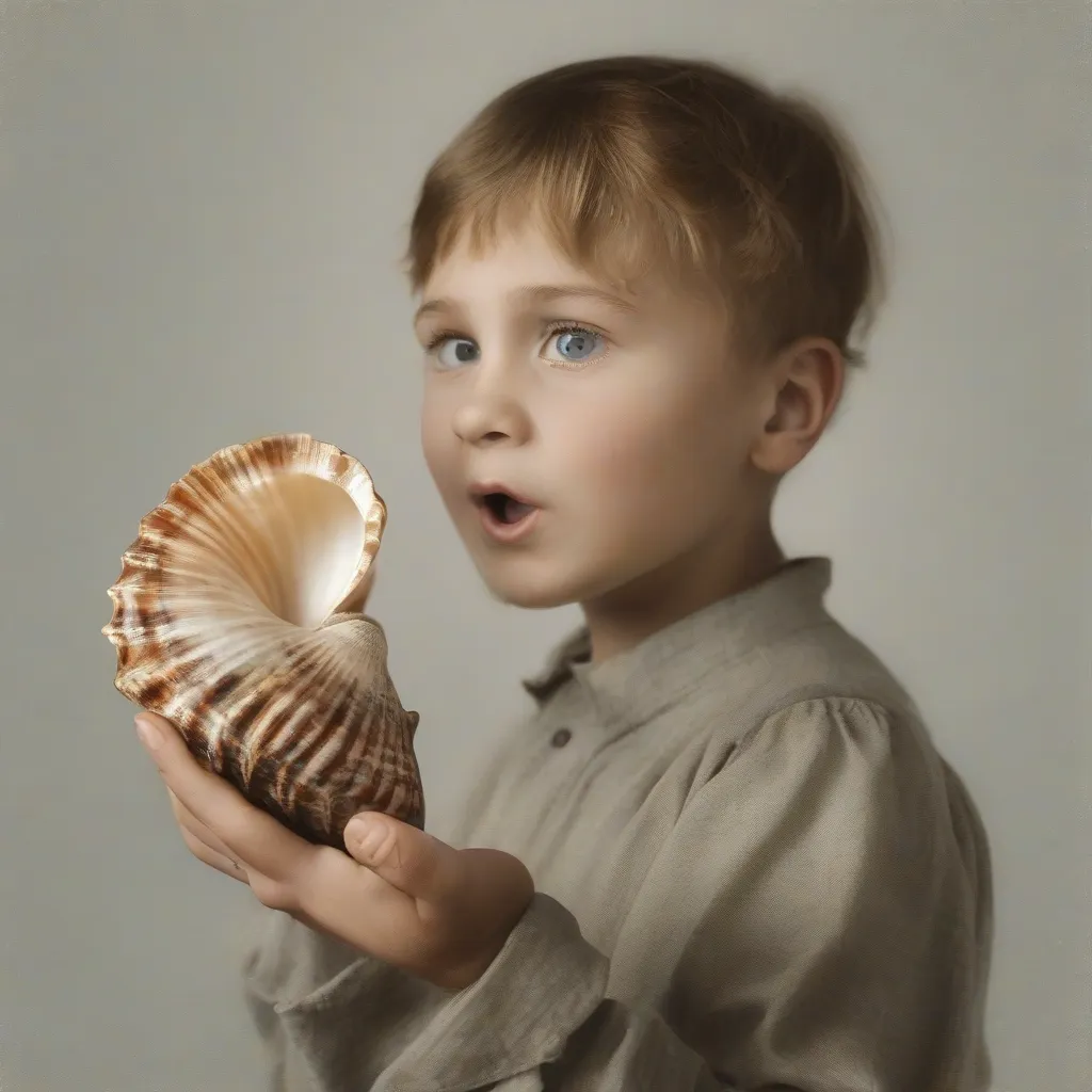 A child holding a seashell up to their ear with a curious expression.